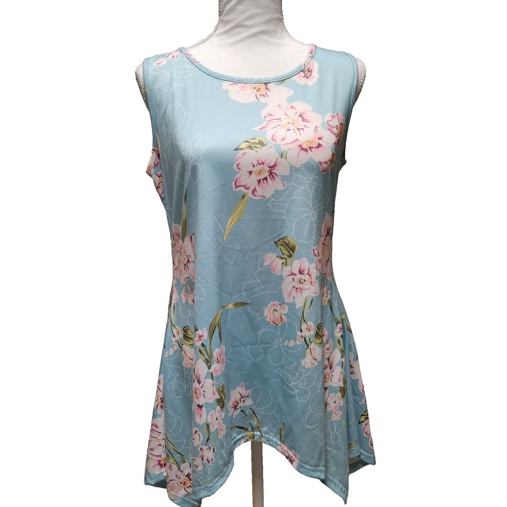 MIROL Womens Size M Sleeveless Tunic Top Floral Blue Pink Flowers